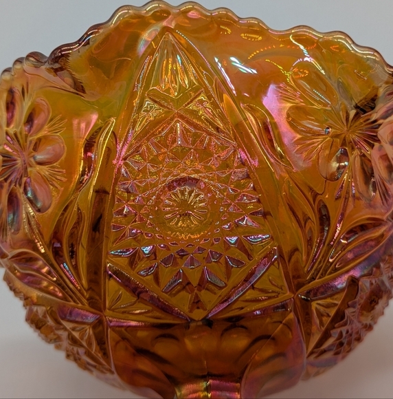 Vintage Carnival Glass Marigold Iridescent Footed Compote Fruit Bowl Dish - Picture 5 of 9